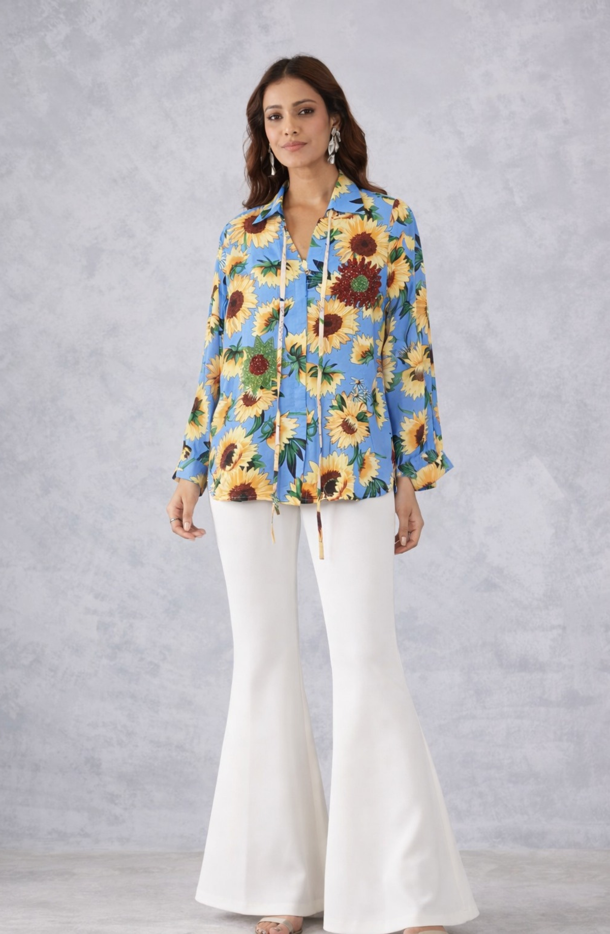 Blue Sunflower Printed Embellished Shirt