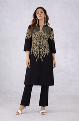 Black Floral Gold Embroidered Kurta Set
