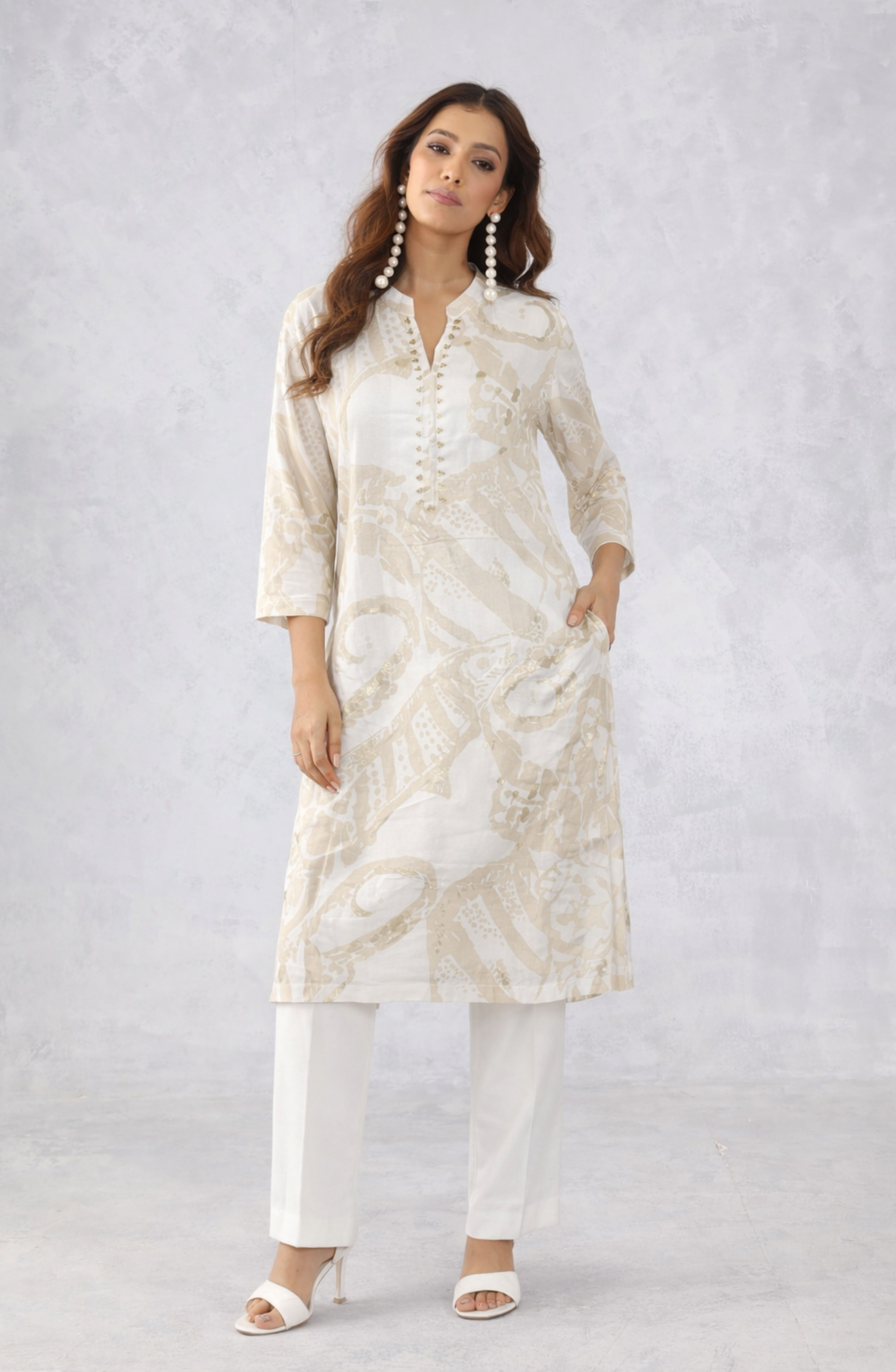 Cream Abstract Printed Kurta