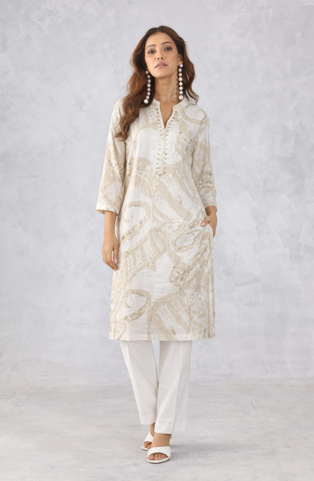 Cream Abstract Printed Kurta