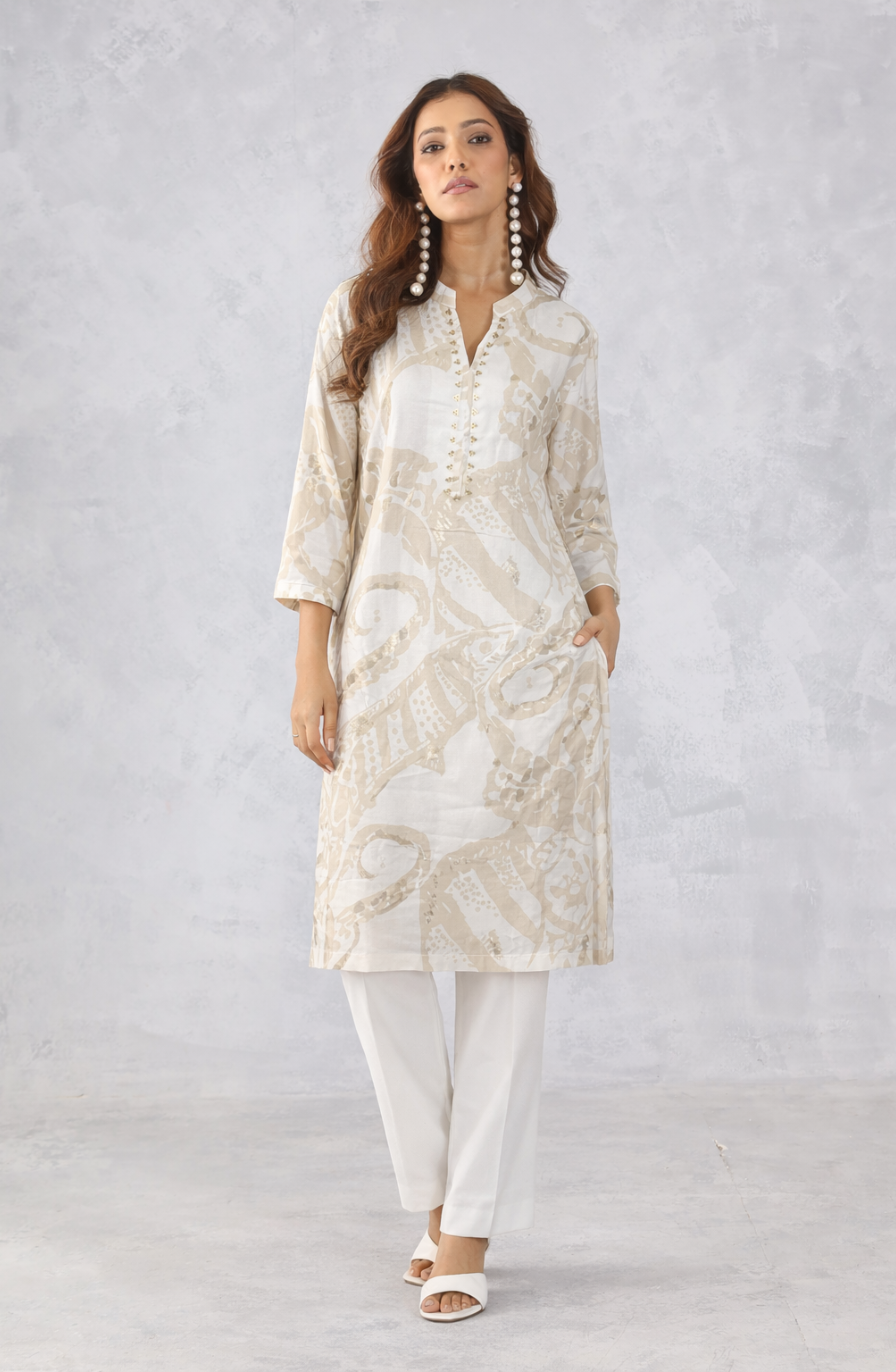 Cream Abstract Printed Kurta