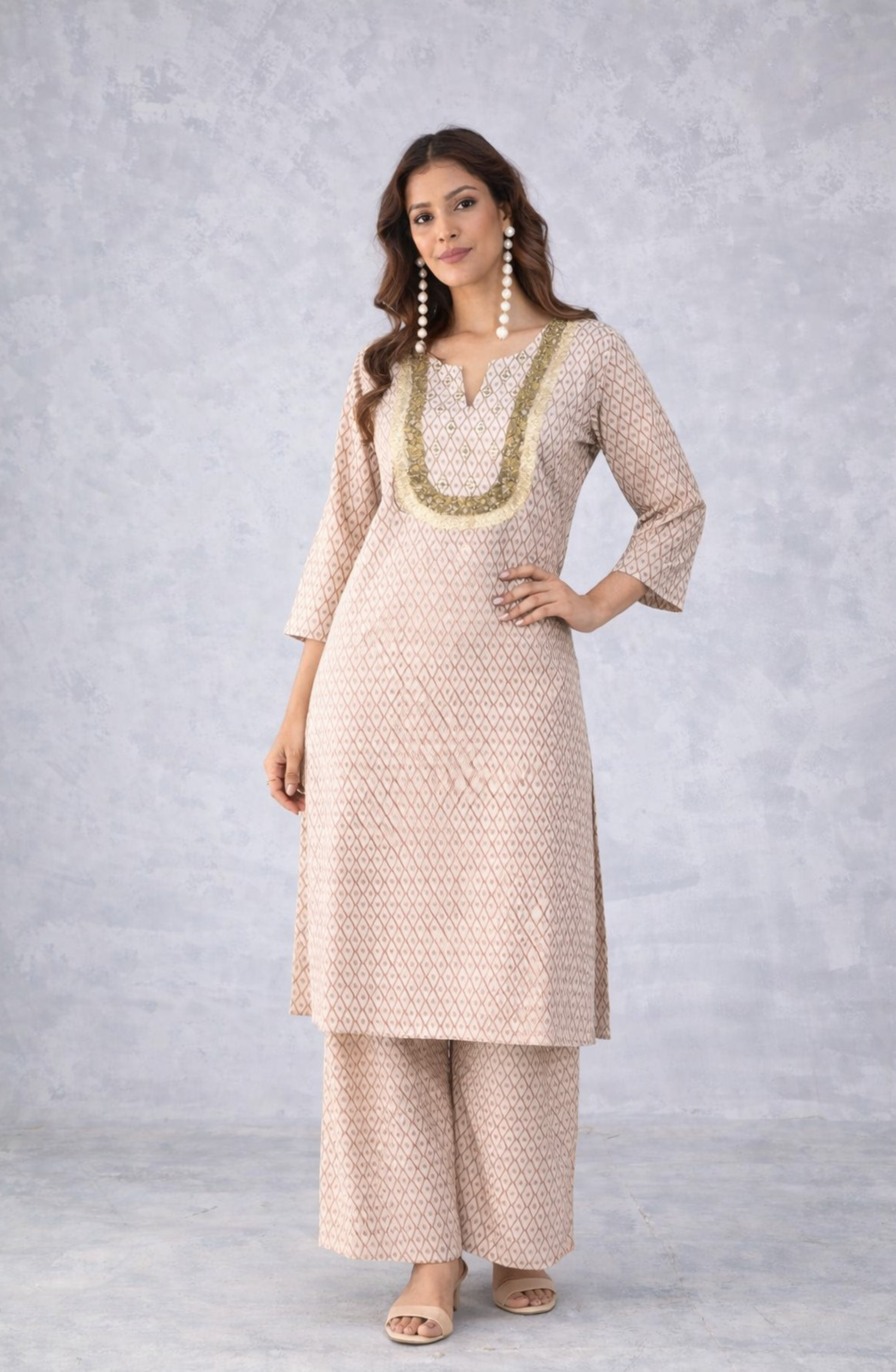 Beige Printed Embellished Kurta Set