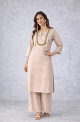 Beige Printed Embellished Kurta Set