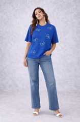 Royal Blue Embellished Bow Detail Casual T-Shirt