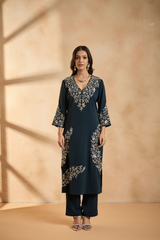 Royal Teal Bloom Embroidered Kurta Set