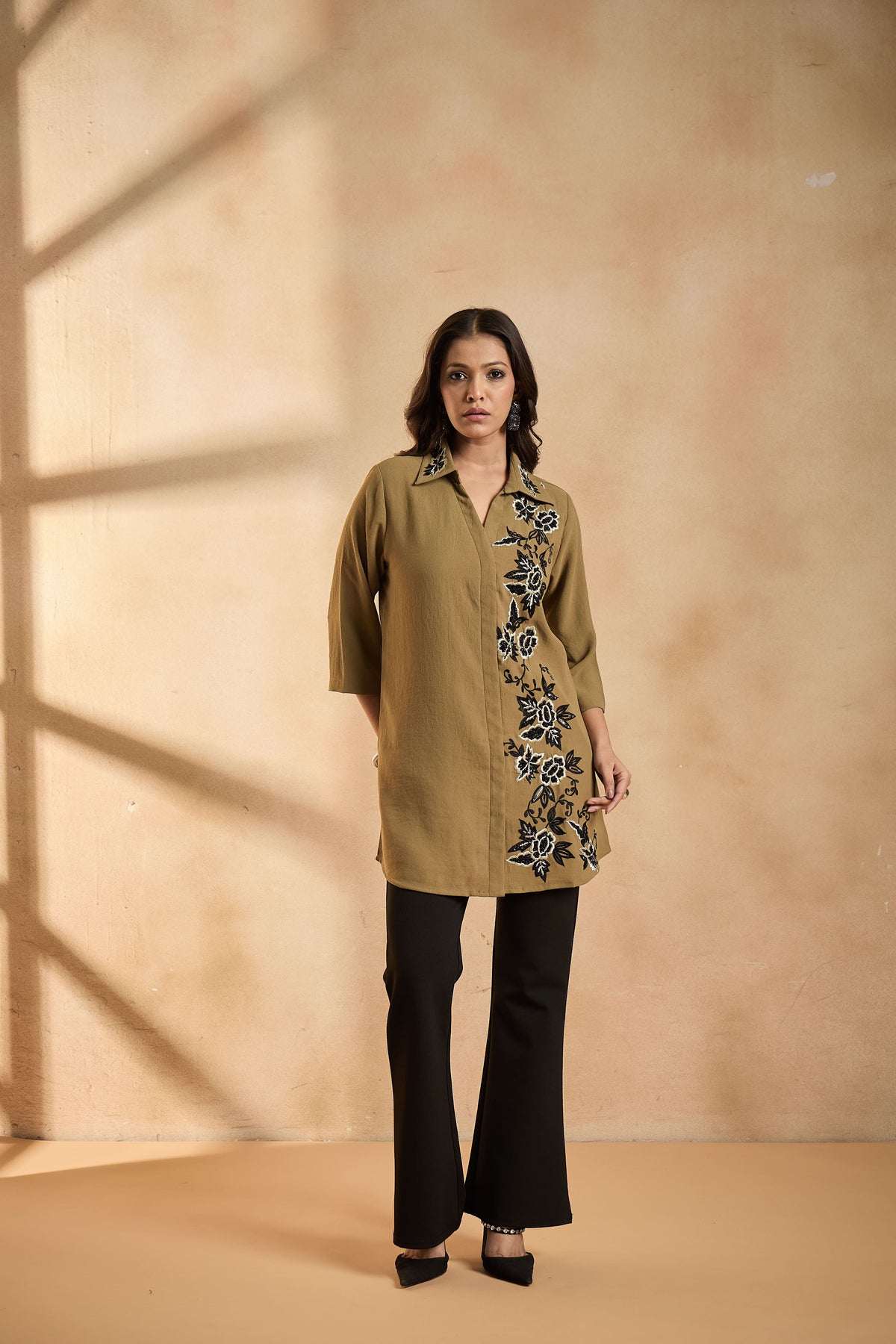 Sage Green Floral Embroidered Shirt