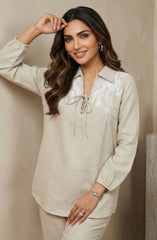 Neutral Cotton Linen Embroidered Co-ord Set