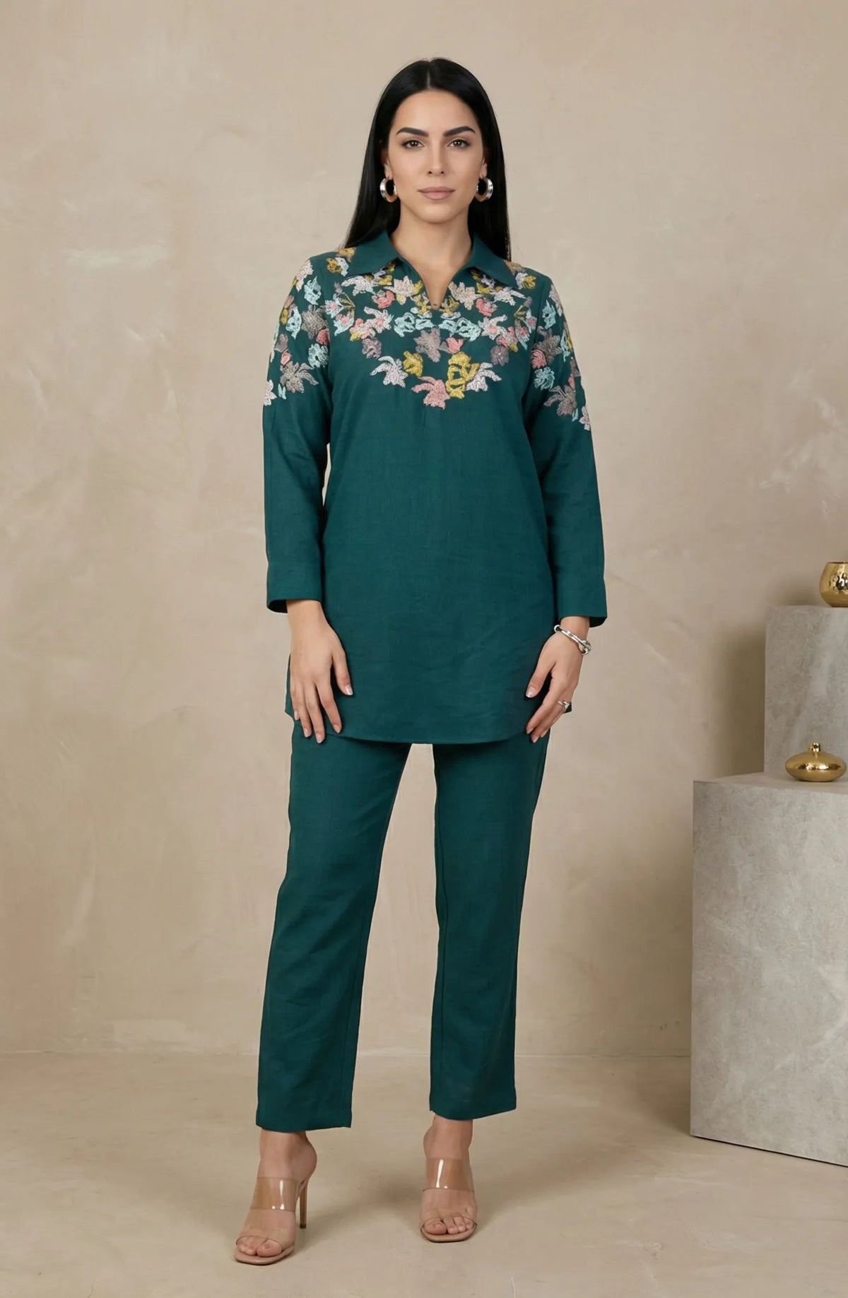 Bottle Green Embroidered Co-ord Set