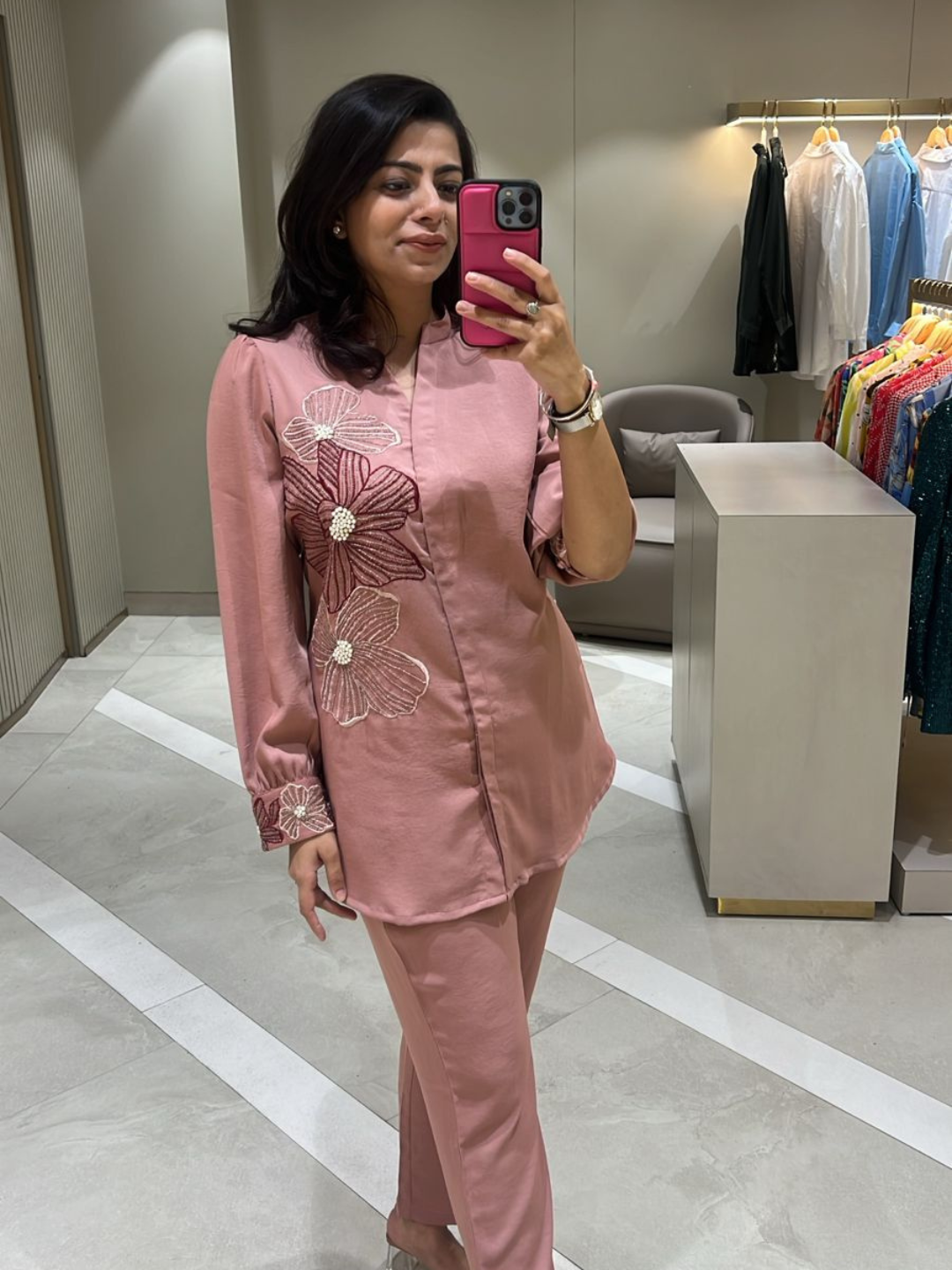 Pink Floral Embroidery Co-ord Set