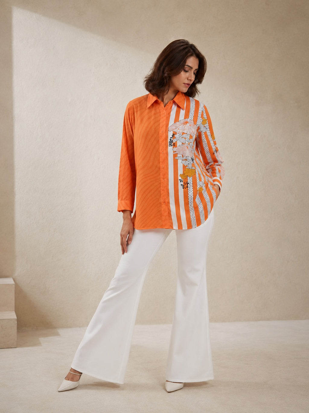 Orange Floral Striped Cotton Modal Shirt
