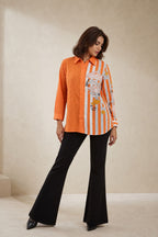 Orange Floral Striped Cotton Modal Shirt