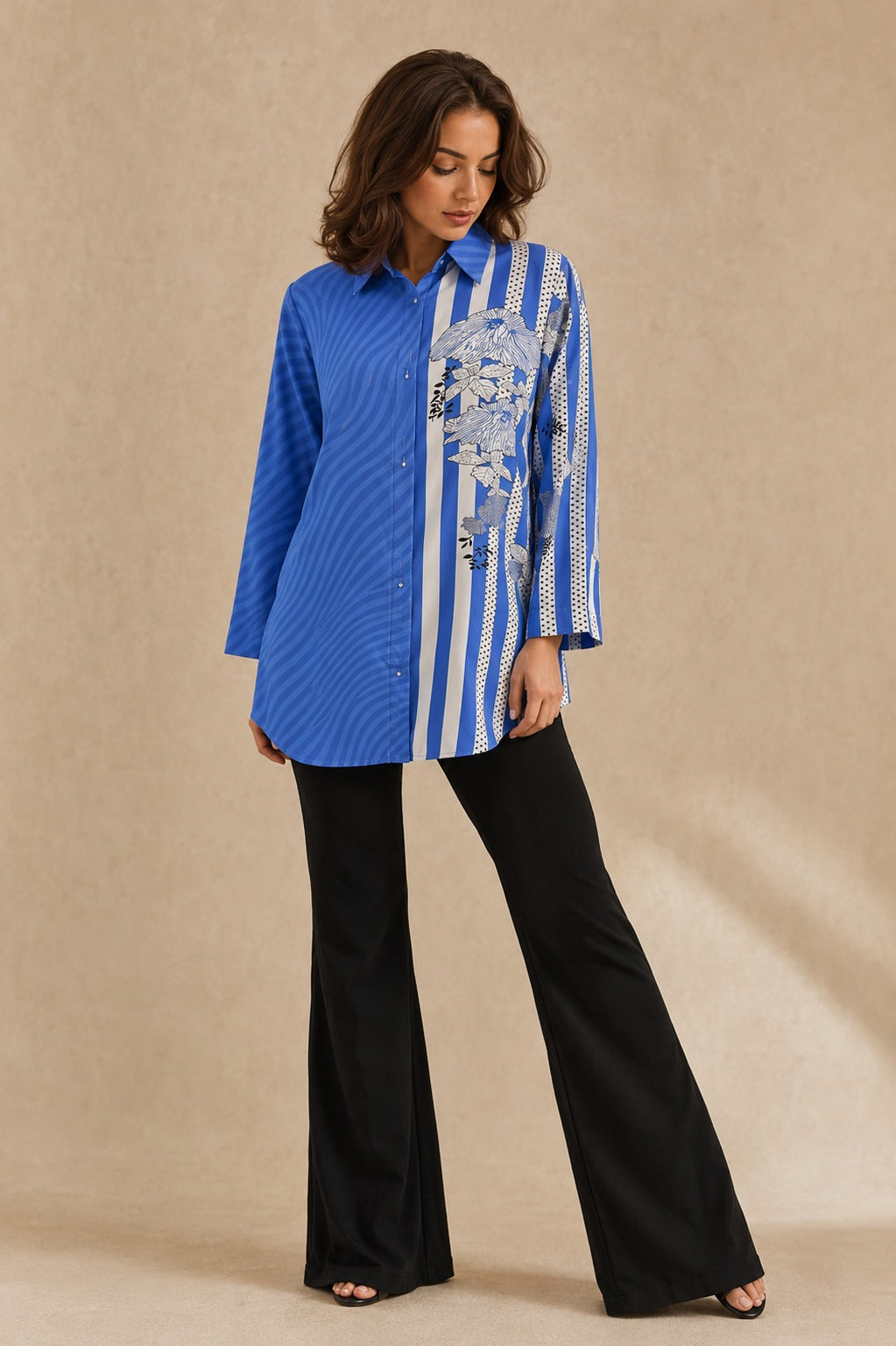 Blue Floral Striped Cotton Modal Shirt