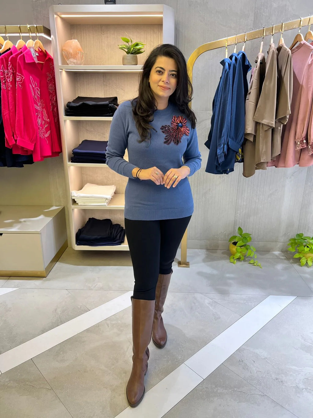 Blue Sweater with Contrast Sequin