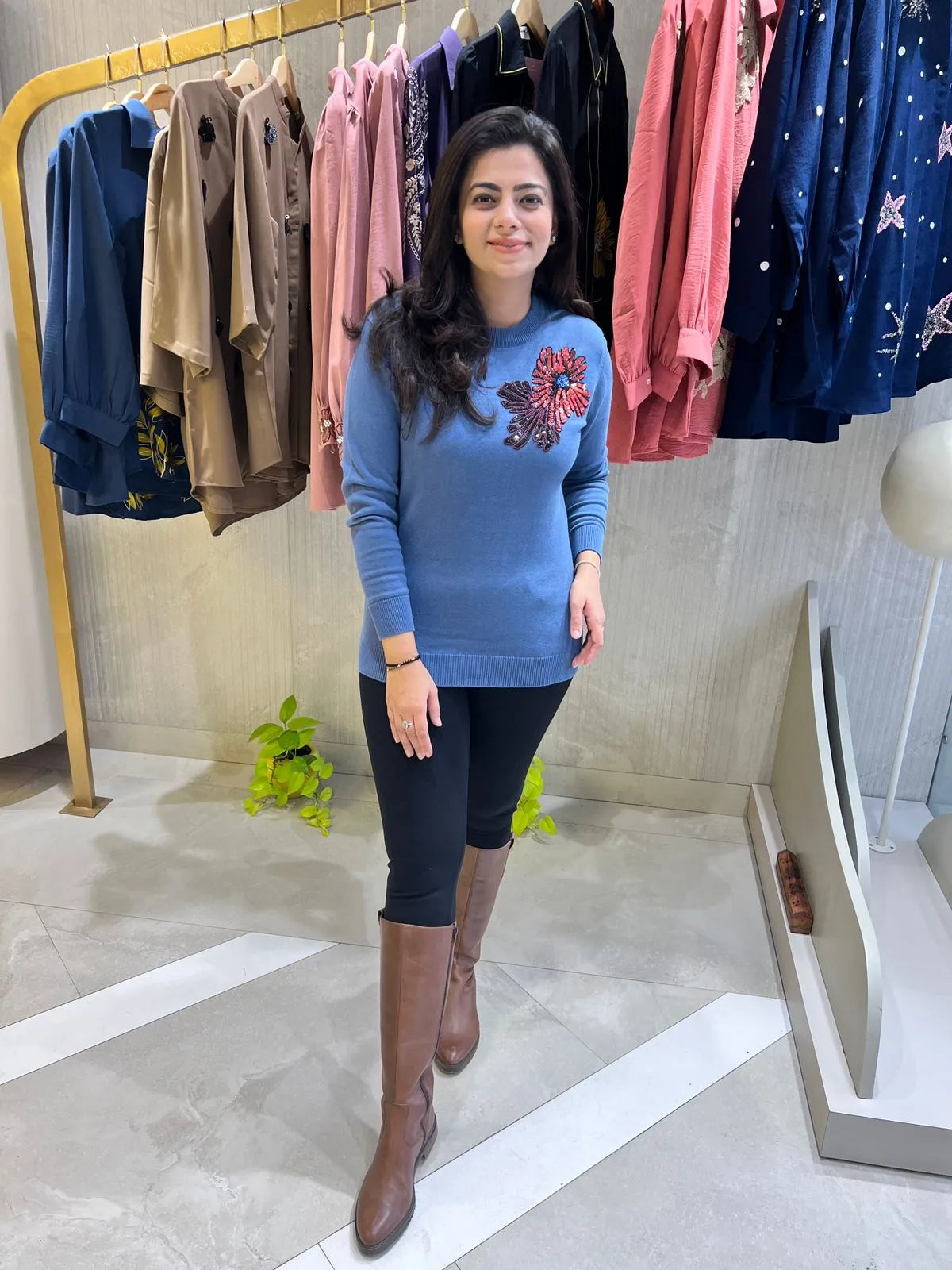 Blue Sweater with Contrast Sequin
