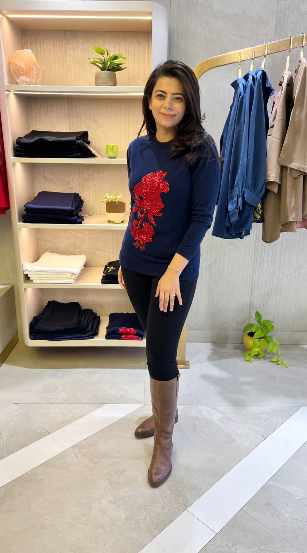 Navy Blue Red Sequin Sweater