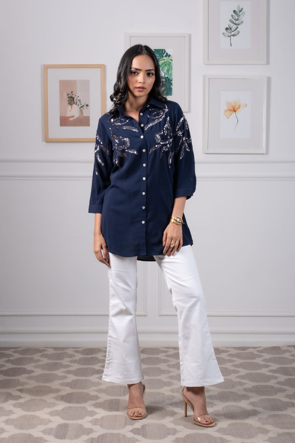NAVY BLUE SHIRT WITH SEQUENCE WORK