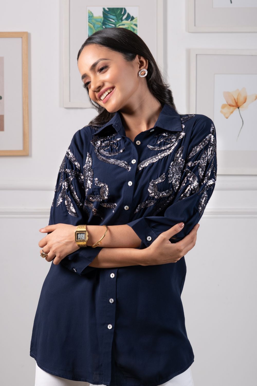 NAVY BLUE SHIRT WITH SEQUENCE WORK