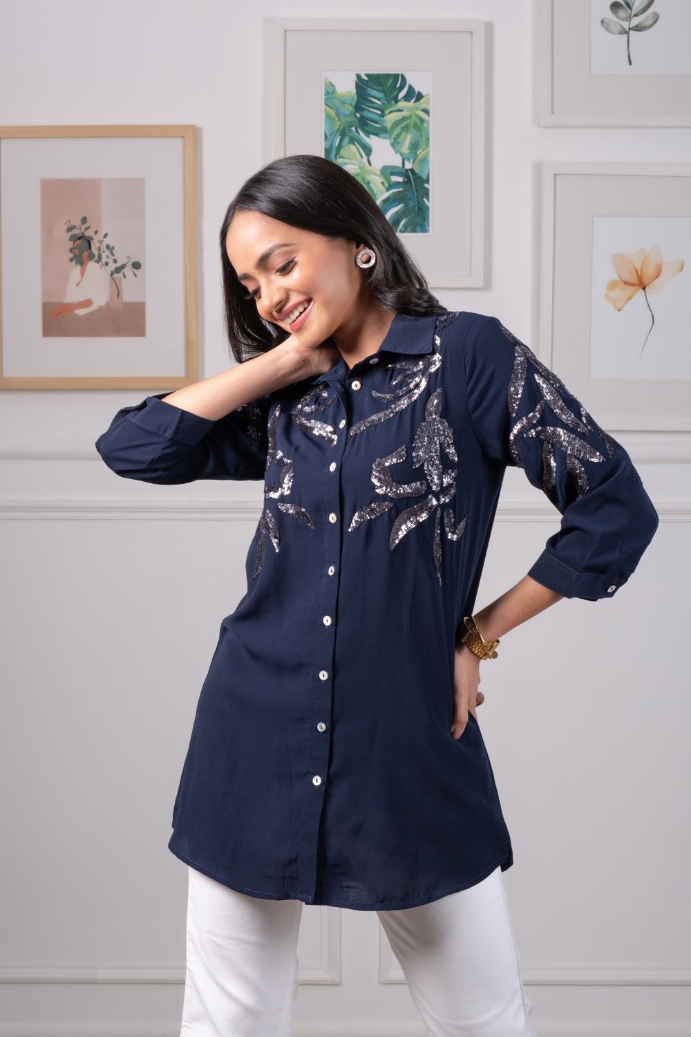 NAVY BLUE SHIRT WITH SEQUENCE WORK