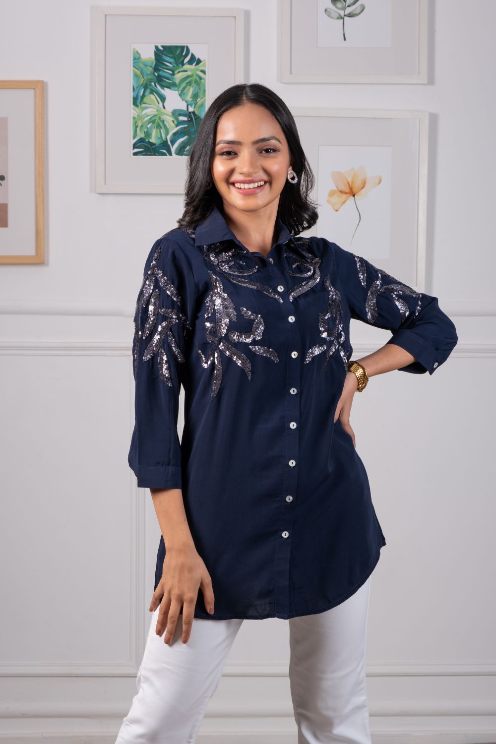 NAVY BLUE SHIRT WITH SEQUENCE WORK